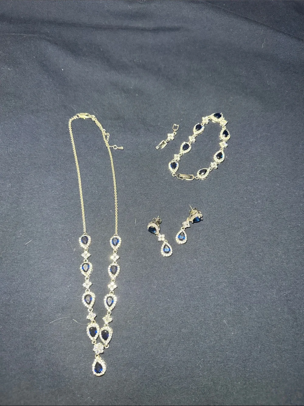 Gold-Tone Blue Teardrop Necklace with Matching Earrings - Classic Evening Set